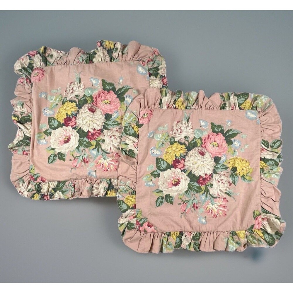 Ralph Lauren Vintage Cynthia Ruffled Pink Floral Euro Pillow Shams Set 2 25X25”